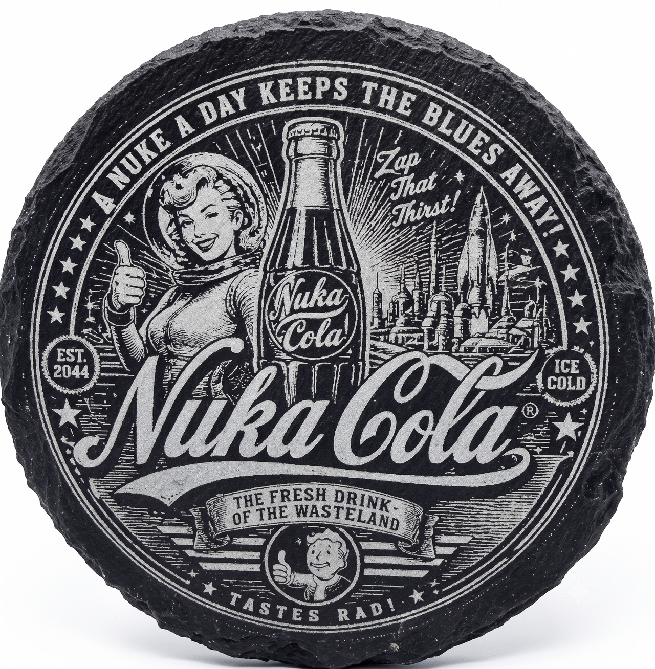 The Wasteland Tonic: Precision-Engraved Round Slate Coaster