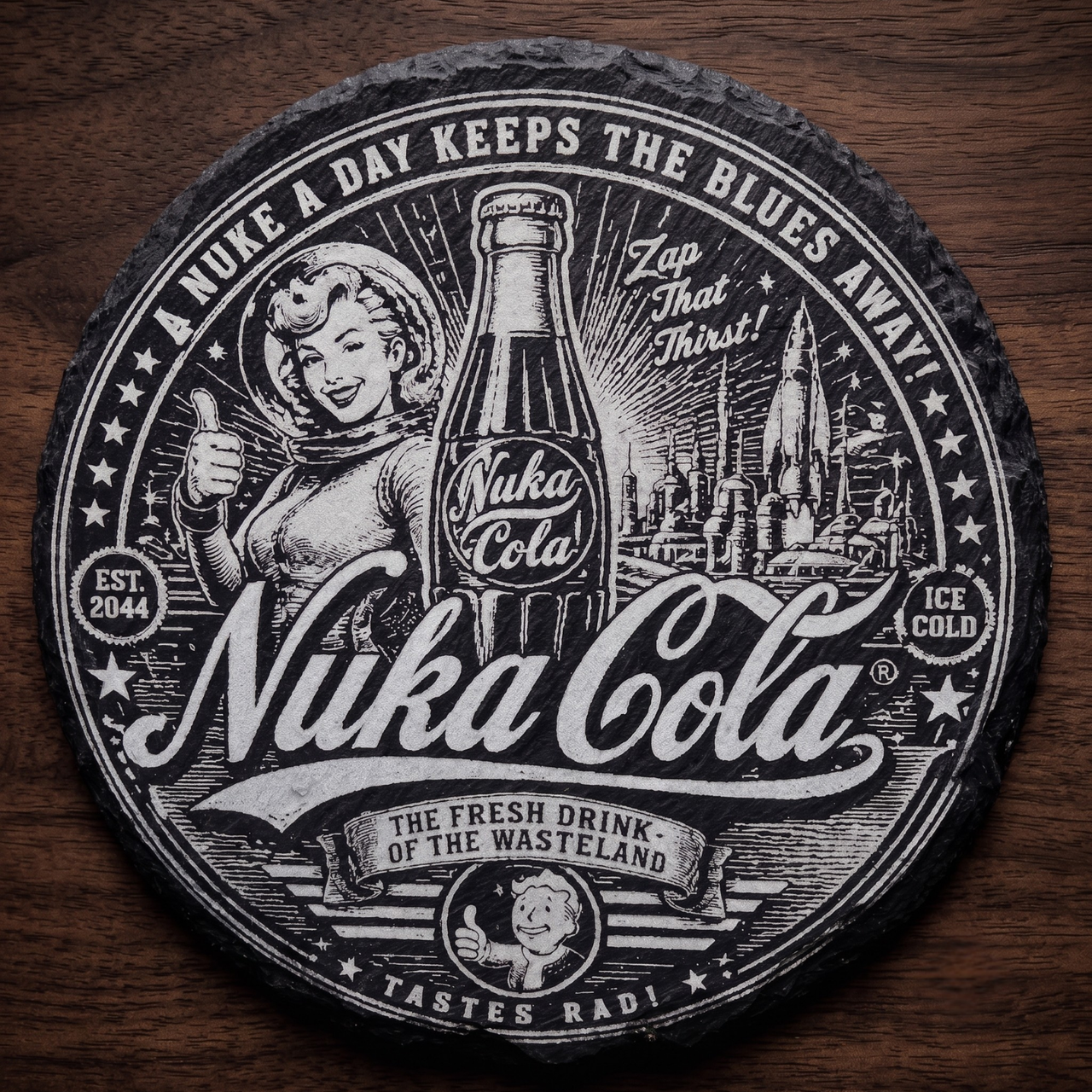 The Wasteland Tonic: Precision-Engraved Round Slate Coaster